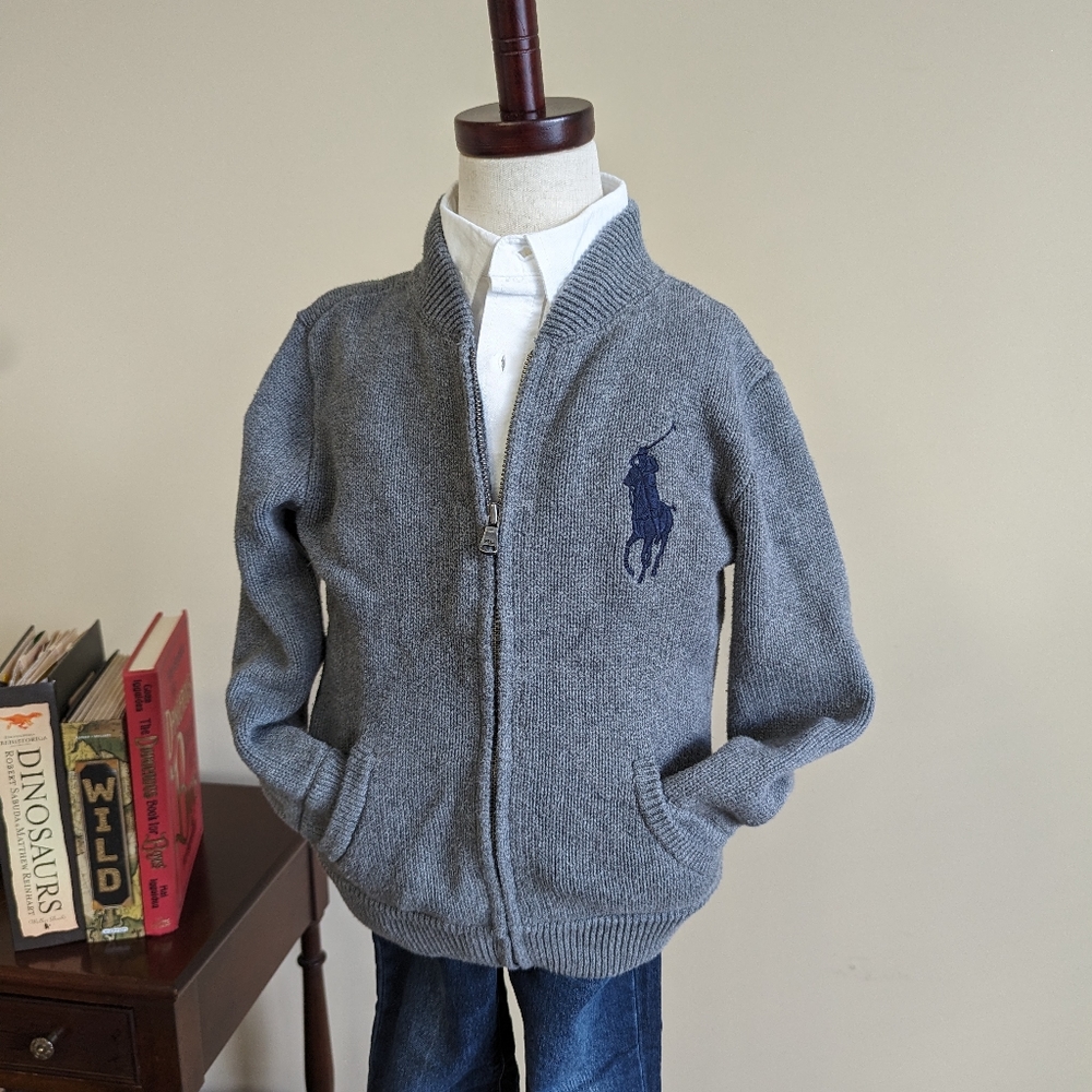 100% cotton, polo by Ralph Lauren, boys size 6, gray classic zip up cardigan.